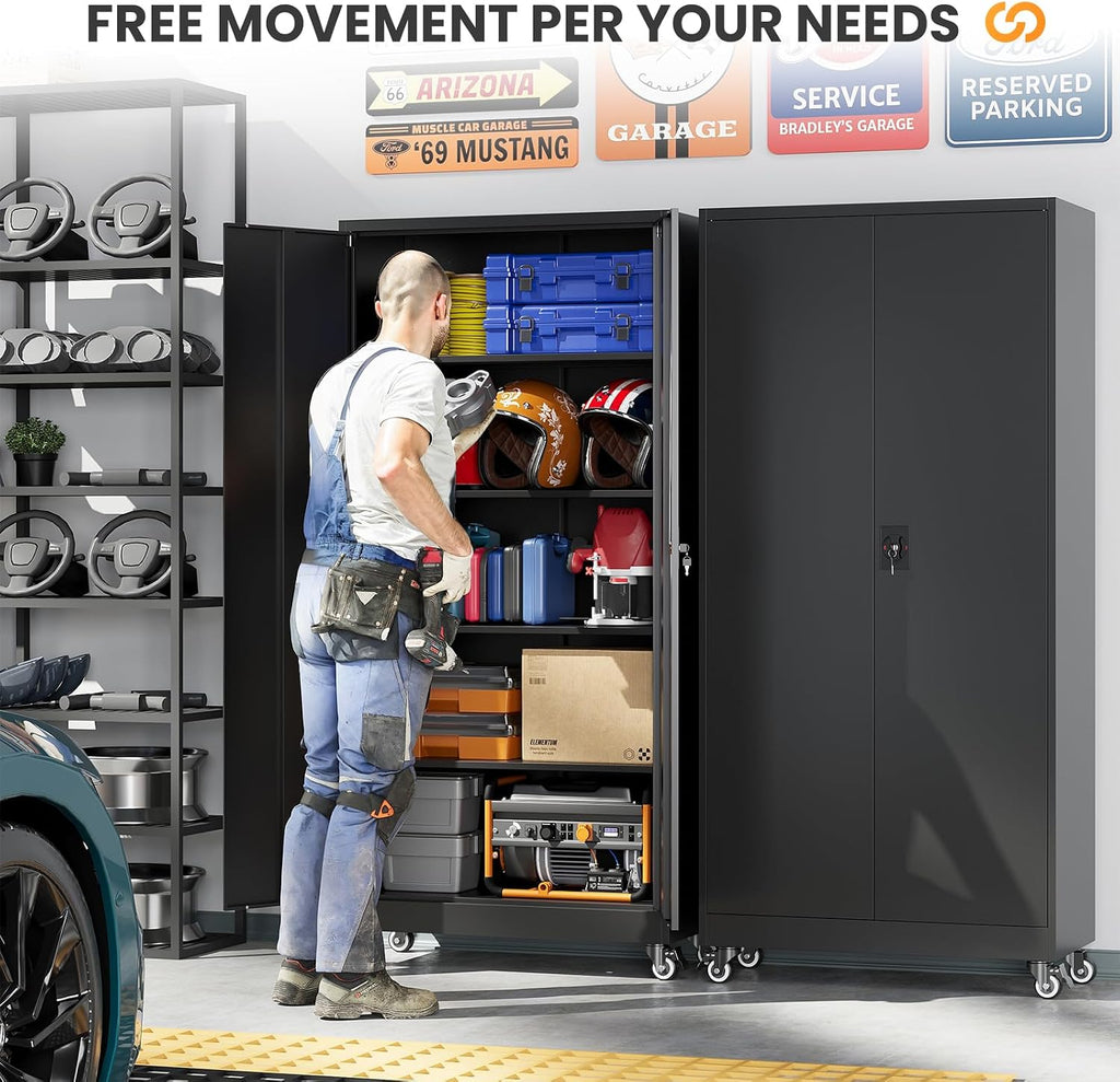 Metal Garage Storage Cabinets with Wheels, Rolling Tool Cabinet with Lock, Locking Garage Caninet on Wheels with Shelves, Steel 2 Door Tall Tool Cabnets for Workshop/Home/Office - (Black 75”H)
