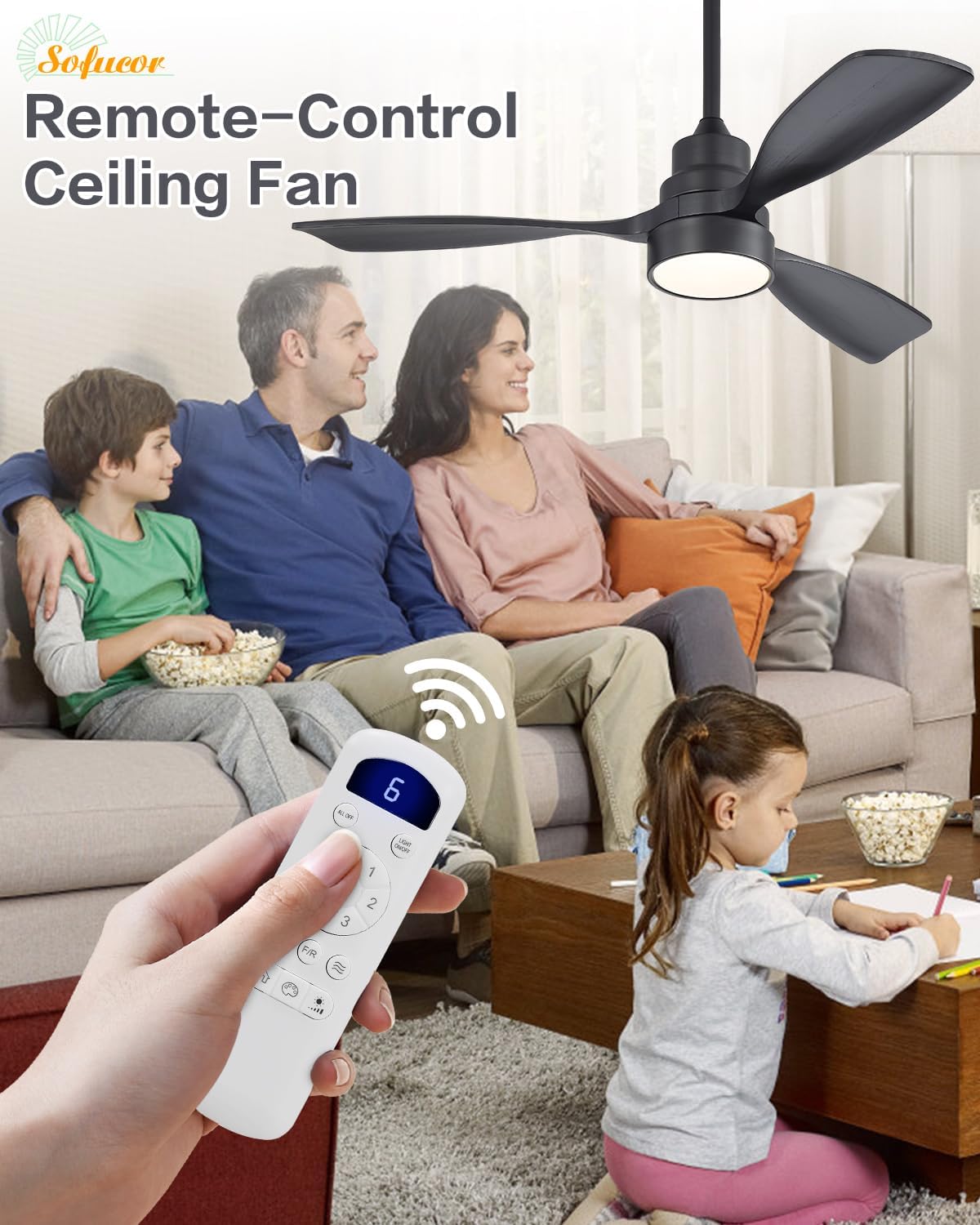 Sofucor 48 Inch Wood Ceiling Fans with Lights, Flush/Downrod Mount, Black