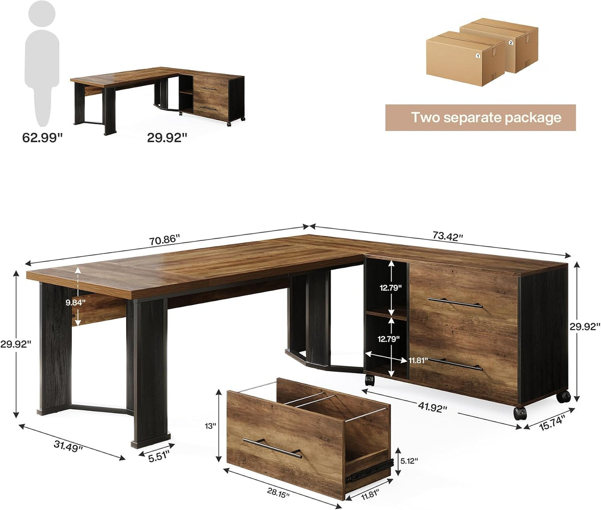 Tribesigns 70.86" Executive Desk with Mobile File Cabinet, Large L Shaped Computer Office Desk with 2 Drawers and Storage Shelves, Business Furniture Desk Workstation for Home Office (Rustic Brown)