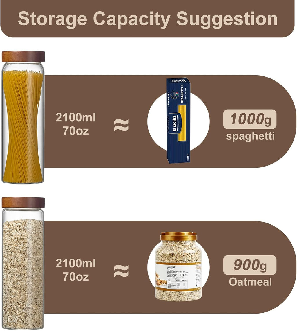 3 Pack Glass Pasta Storage Containers with Screw Wood Lid 70oz + 132 Labels