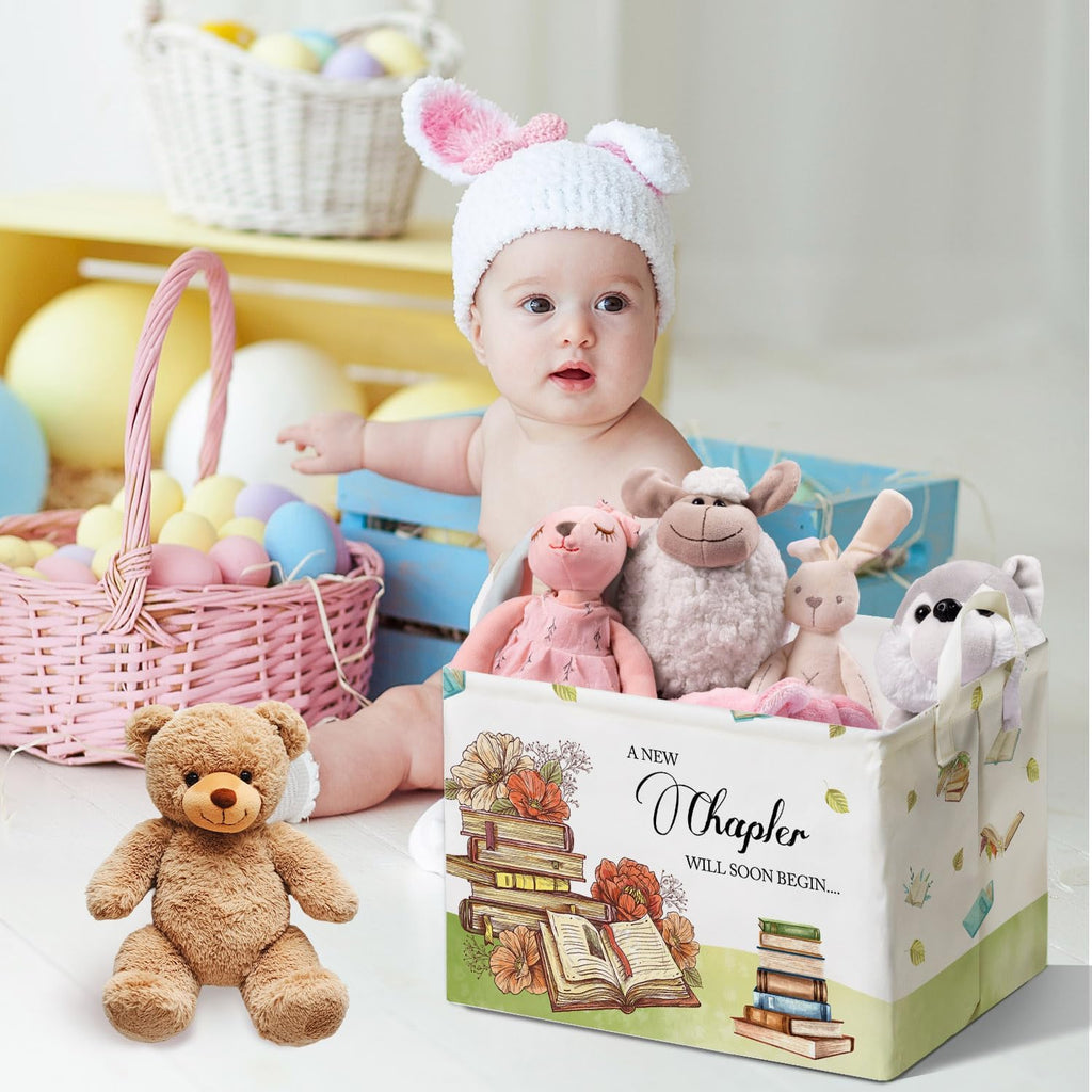 Book Theme Foldable Storage Basket with Handles, Waterproof Fabric Organizer Boxes for Toy and Book Storage, Cube Box for Nursery and Study Room, Gifts for Boys and Girls, Cute Bookshelf Decor