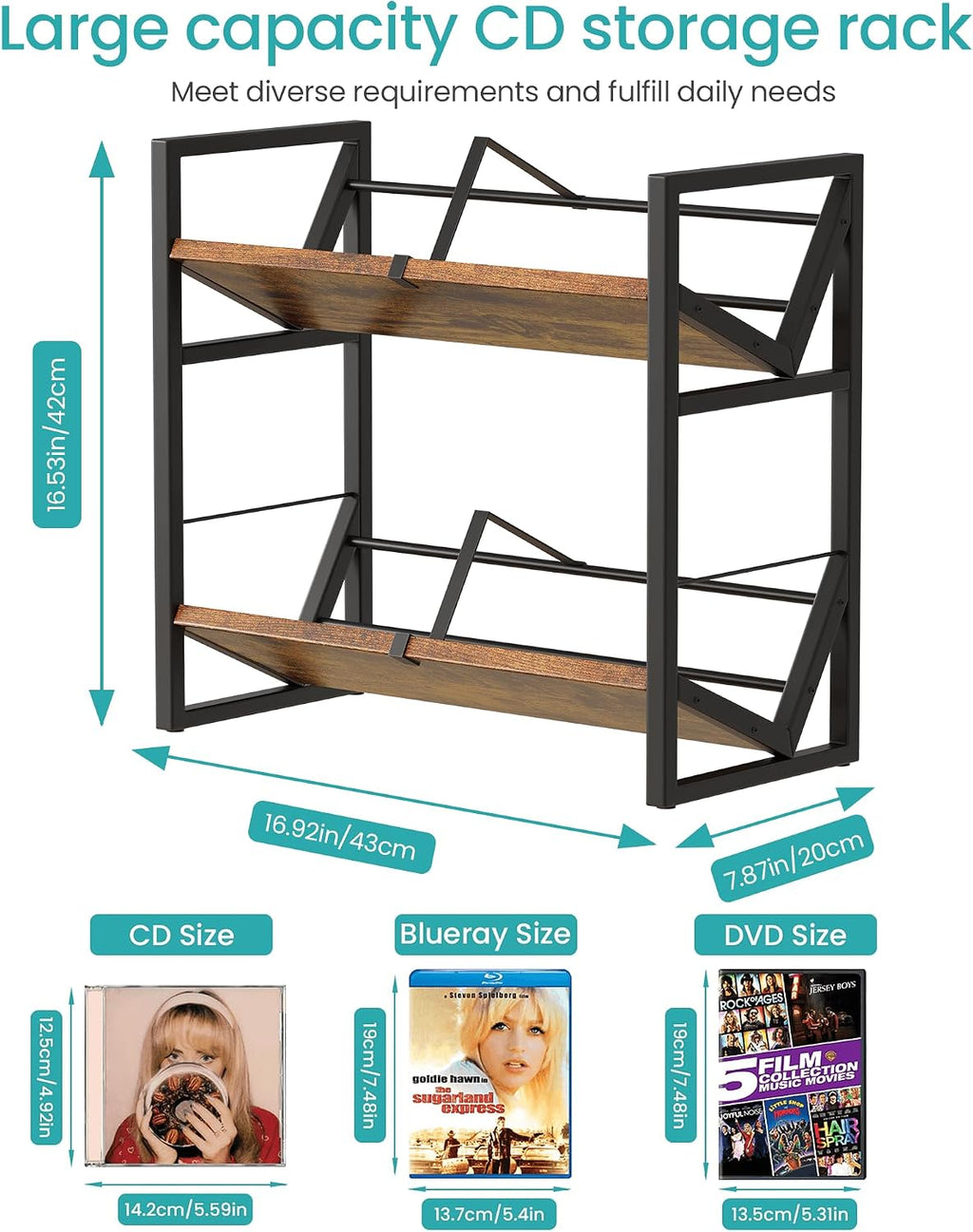 2 Tier CD Storage Rack, Wooden DVD Holder with Adjustable Dividers