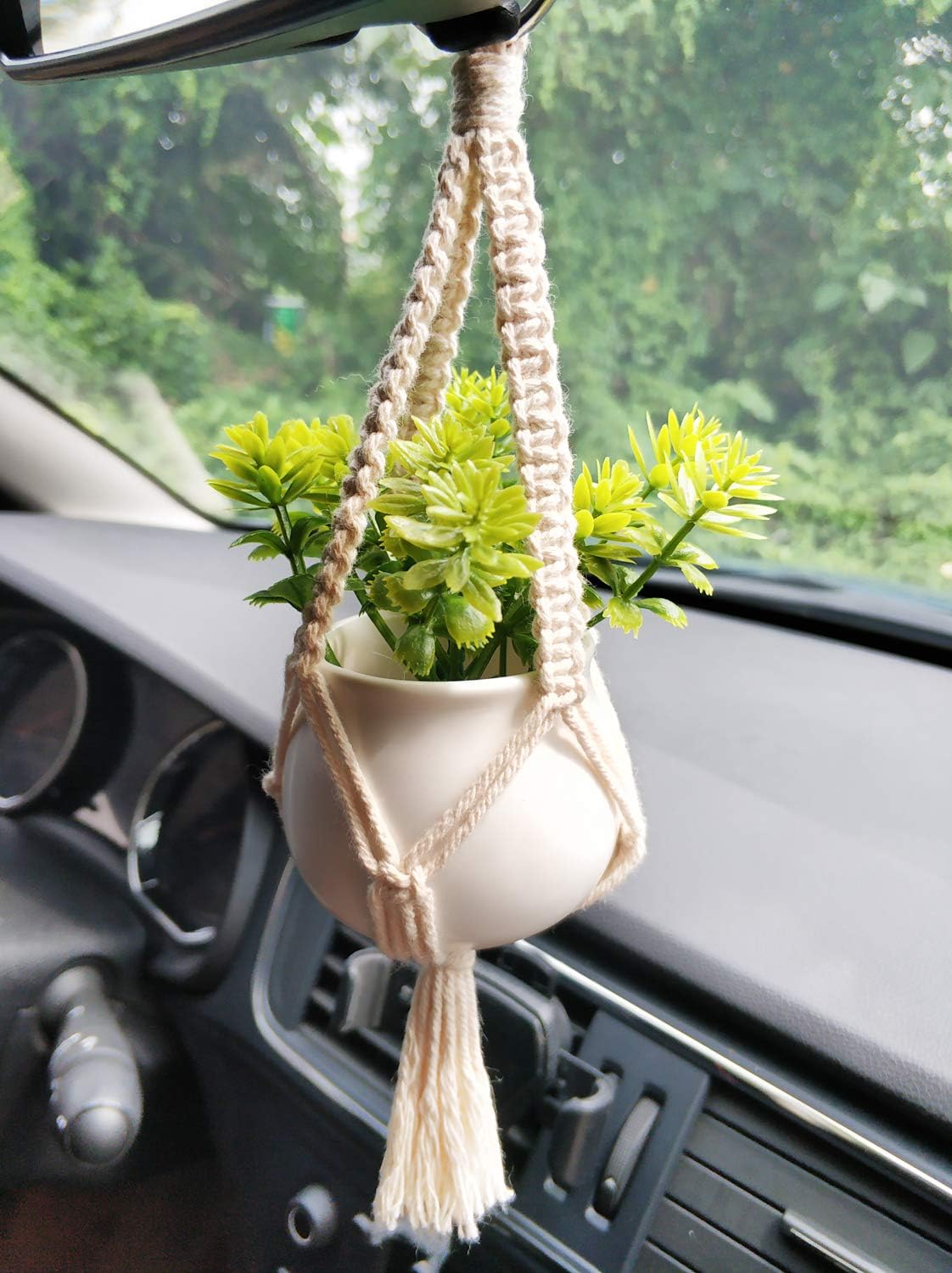 2 Pack Mini Macrame Succulent Plant Hangers for Car Rearview Mirror