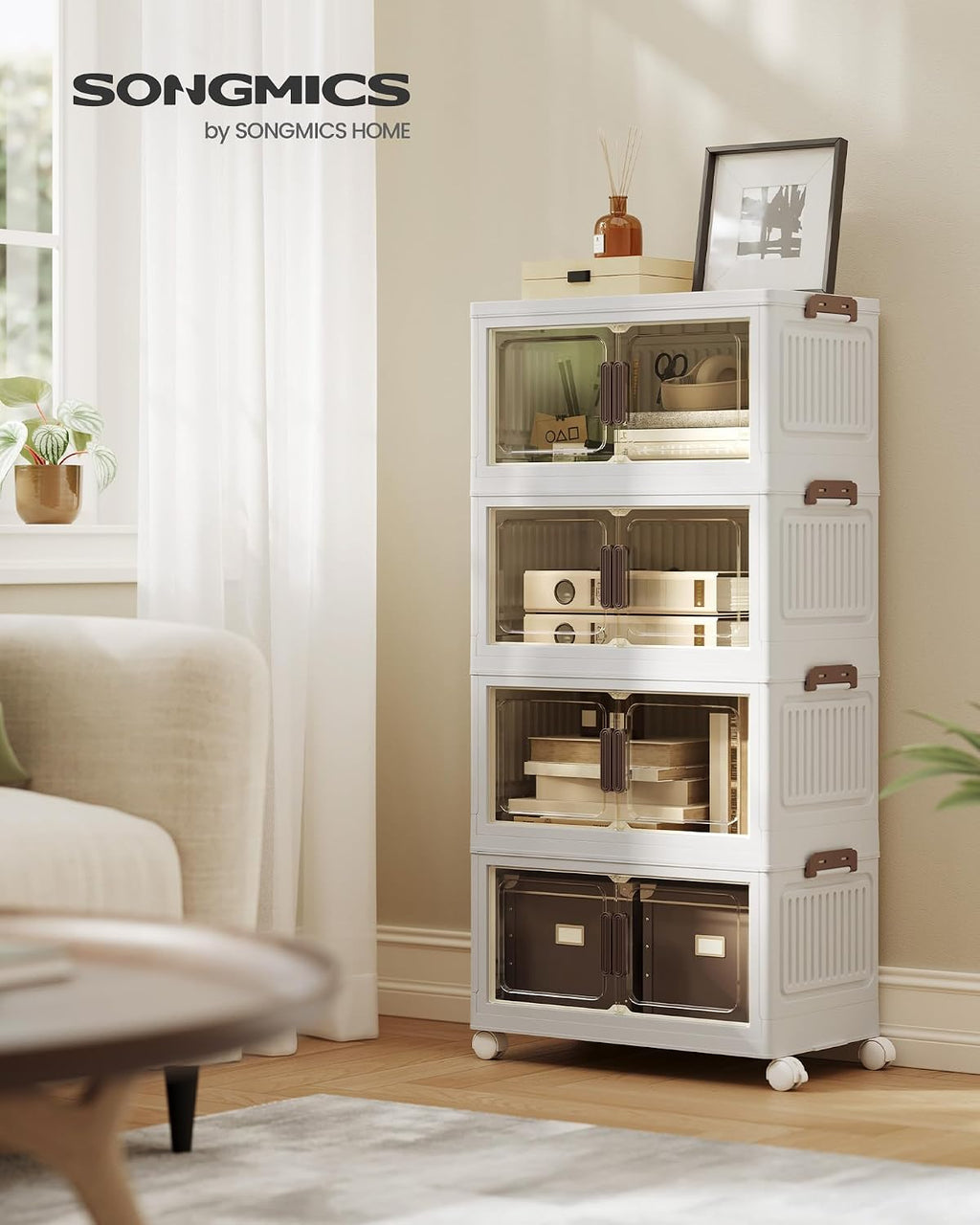 SONGMICS 48QT stackable storage bins with 1 Lid, 4-Tier Foldable Bins