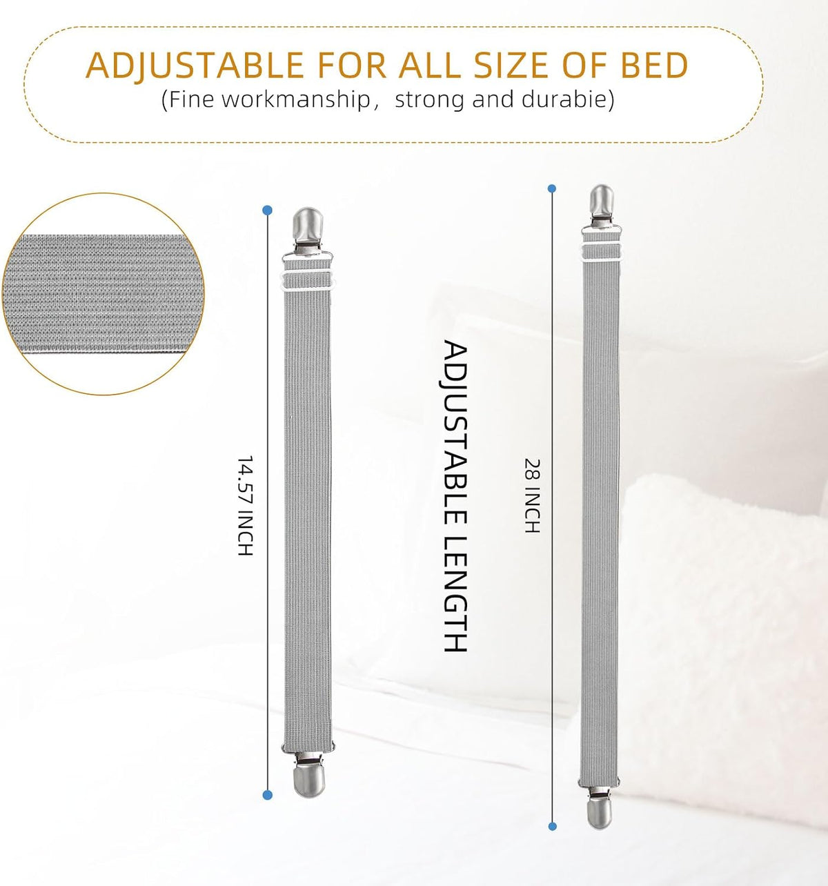 8Pcs Adjustable Bed Sheet Straps Clips, Elastic Mattress Sheet Fasteners Holder and Suspenders, Grippers to Hold Sheet, Mattress, Sofa, Couch, Table Cloth, Ironing Board Cover(Grey)