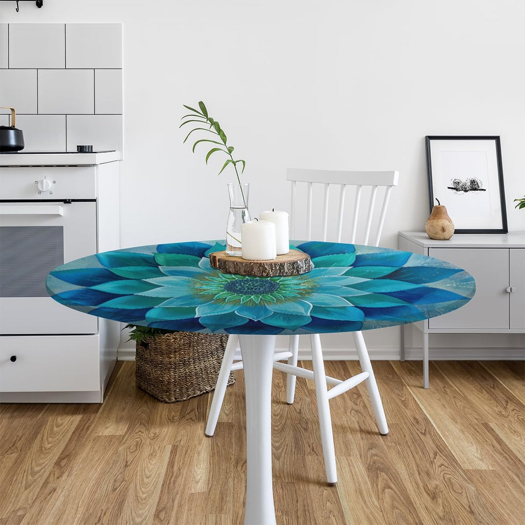 Pardick Teal Flower Round Fitted Tablecloth Mandala Floral Round Table Cover with Elastic Waterproof Wipeable Circle Outdoor Table Cloths for Party Patio Kitchen Decor Fit 40"-44" Tables Pad