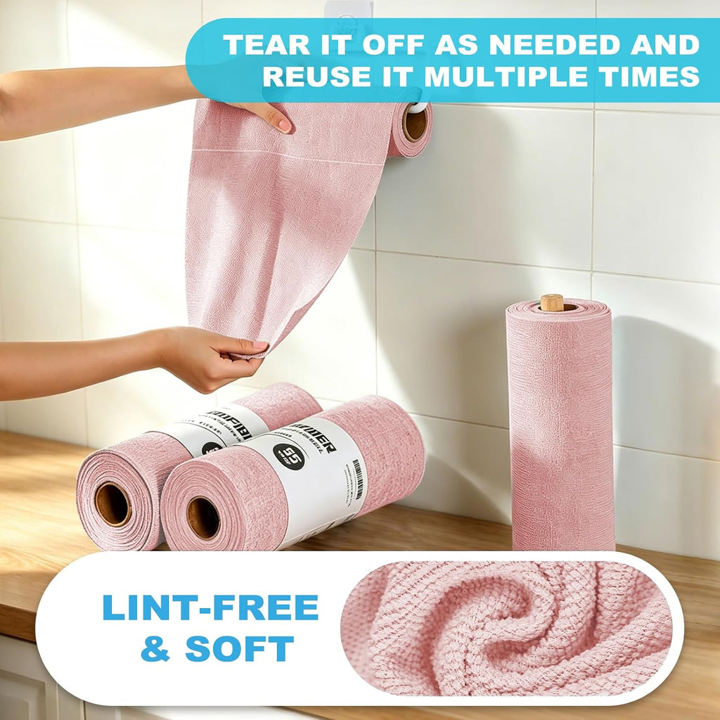 Puomue 55 Pack Microfiber Cleaning Cloth Roll, Tear Away Reusable Paper Towels, 11" x 9", Ultra Absorbent & Lint Free Microfiber Cloth for Cleaning Cars, Kitchen, Window, Home and Shop, Pink