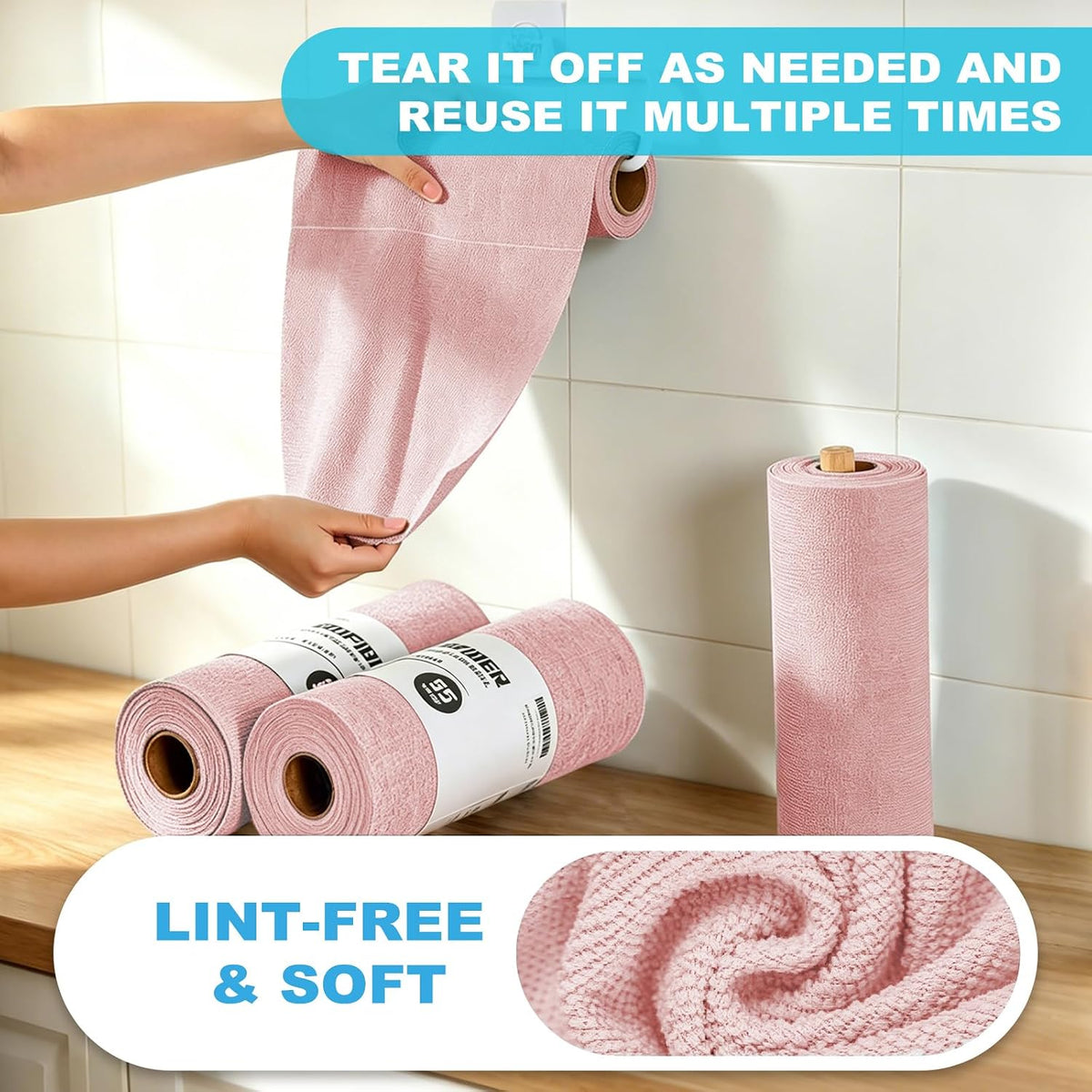 Puomue 55 Pack Microfiber Cleaning Cloth Roll, Tear Away Reusable Paper Towels, 11" x 9", Ultra Absorbent & Lint Free Microfiber Cloth for Cleaning Cars, Kitchen, Window, Home and Shop, Pink