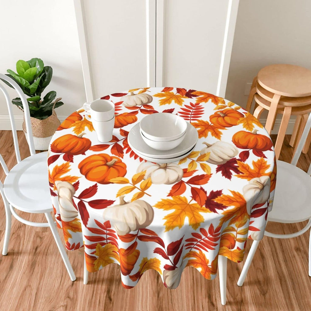 Fall Round Tablecloth 60 Inch Thanksgiving Harvest Autumn Pumpkin Fallen Leaves Maple Leaf Print Decorative Table Cloth Holiday Decorations Seasonal Decor for Home Kitchen Dining Room Picnic Party