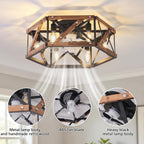 6-light retro style semi-inset ceiling fan lamp, 20 inches, Retro-style antique wooden ceiling fan with light，low-profile ceiling fan lamp, suitable for vacation cabins, bedroom relaxation areas.