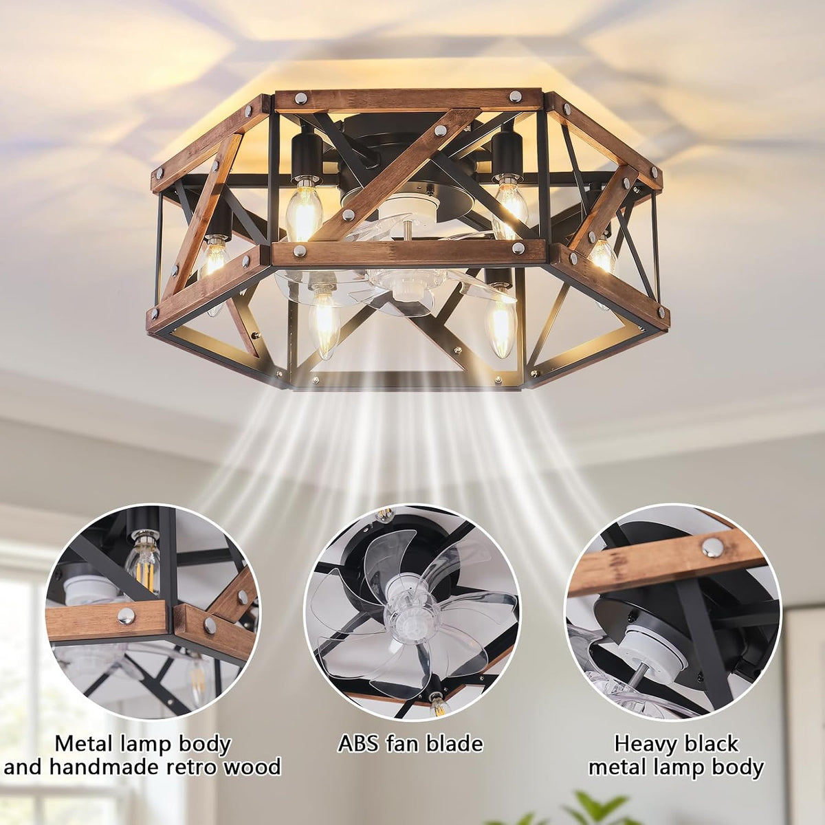 6-light retro style semi-inset ceiling fan lamp, 20 inches, Retro-style antique wooden ceiling fan with light，low-profile ceiling fan lamp, suitable for vacation cabins, bedroom relaxation areas.