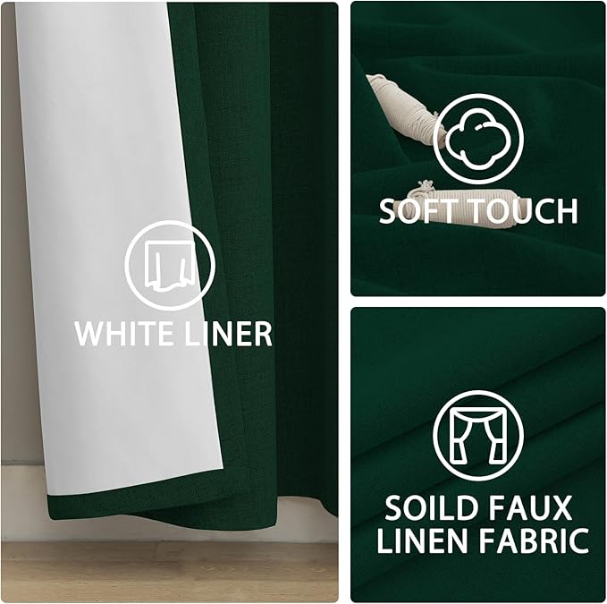 Yakamok Dark Green Linen Curtains 100% Blackout 96 Inches Long, Room Darkening - Image 6