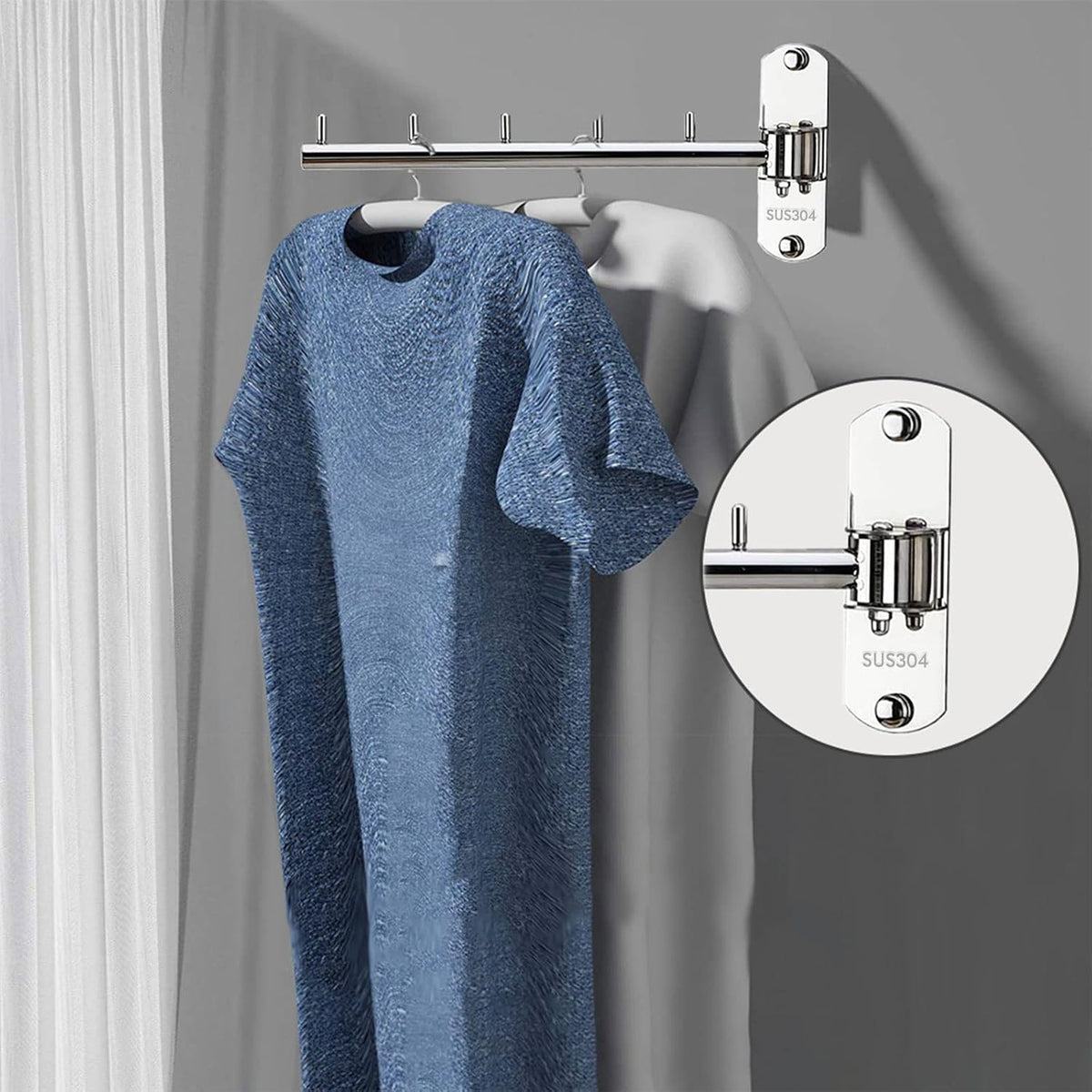 Folding Wall Mounted Clothes Hanger Rack with Swing Arm Stainless Steel Heavy Duty Coat Hook for Bathroom, Bedroom, Laundry Room - Black