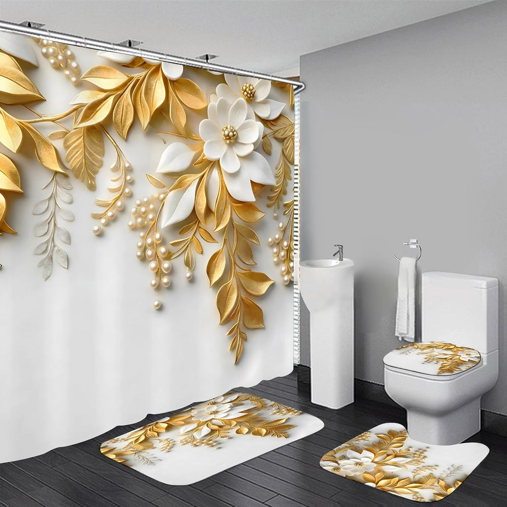 Chrainy 4pcs Beige Flowers Shower Cutain Bathroom Decor Sets with Rugs