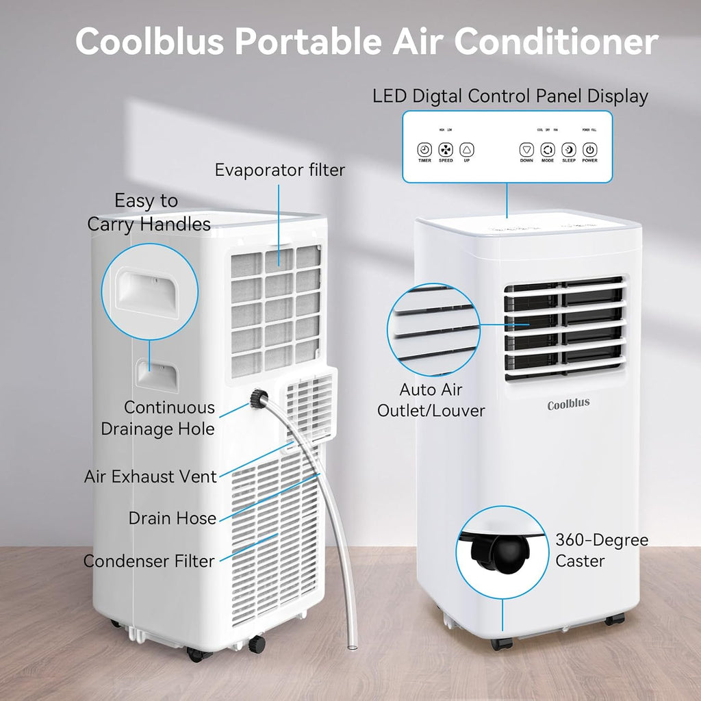 Coolblus 10000 BTU Portable Air Conditioners Cool Up to 450 Sq.Ft, 3-IN-1 Portable AC Unit with Remote Control/LED Display/Installation Kits & Screwdriver/24Hrs Timer for Home/Office, White-10000BTU