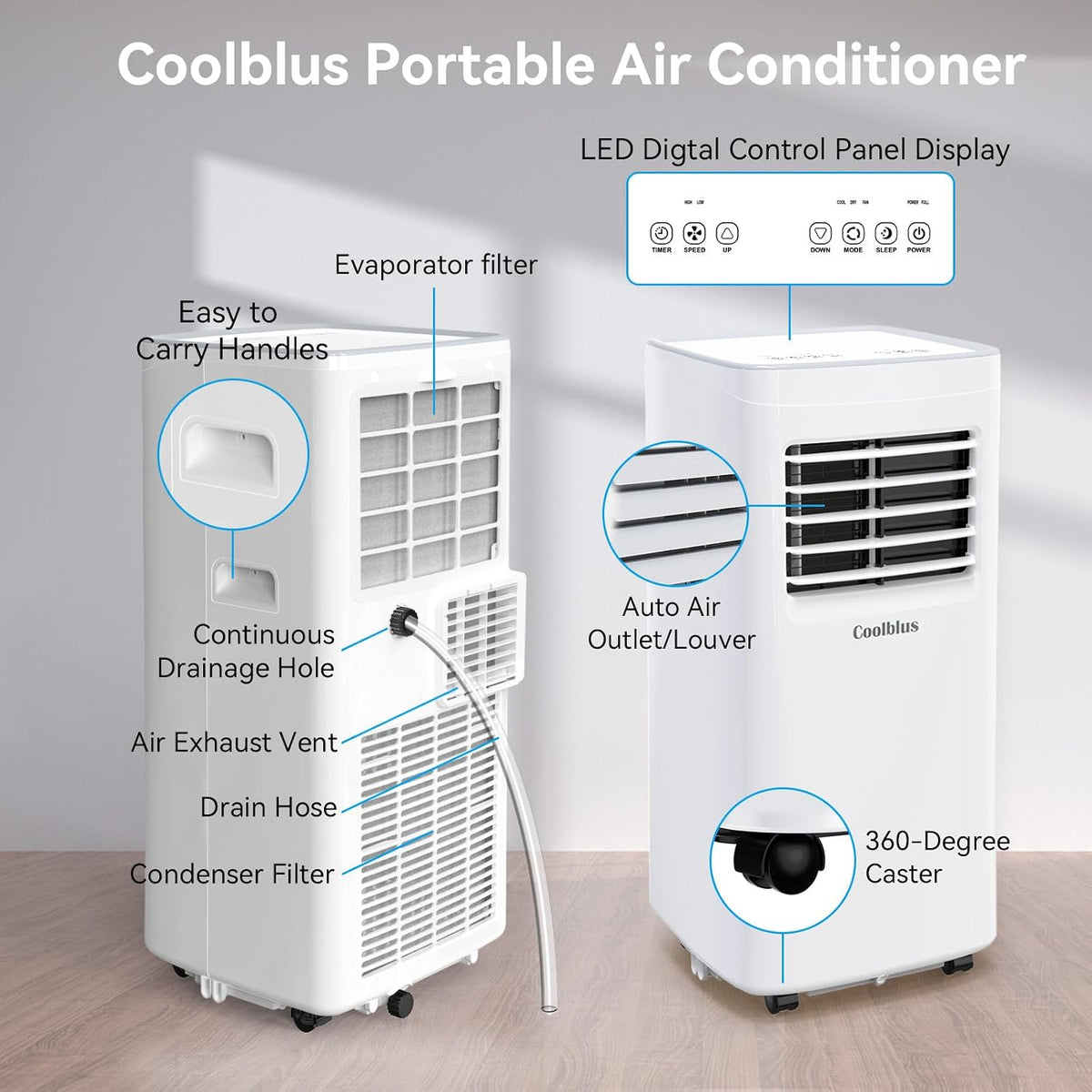 Coolblus 10000 BTU Portable Air Conditioners Cool Up to 450 Sq.Ft, 3-IN-1 Portable AC Unit with Remote Control/LED Display/Installation Kits & Screwdriver/24Hrs Timer for Home/Office, White-10000BTU