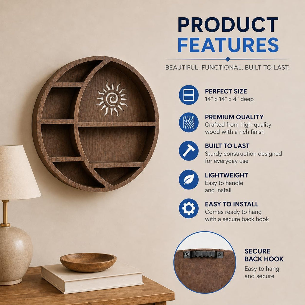 Wooden Crescent Moon Shelf Wall Decor — Aesthetic Floating Crystal Display Holder & Hanging Organizer for Bedroom, Dorm & Spiritual Room Decor | 14"x14"x3.5" | (Sun Cutout - Brown)
