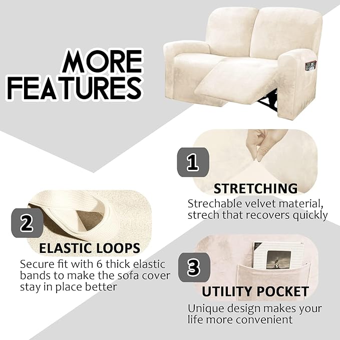 ULTICOR Reclining Love Seat Slipcover, 6-Piece Velvet Stretch Loveseat - Image 5