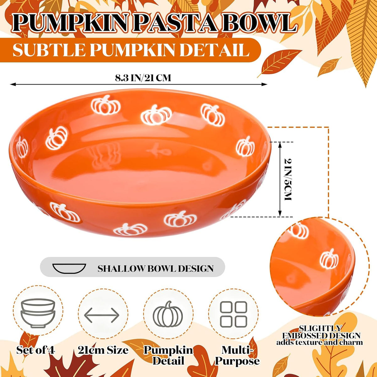 4 Pcs Thanksgiving Pumpkin Pasta Bowls 40 oz Ceramic Dinnerware Set