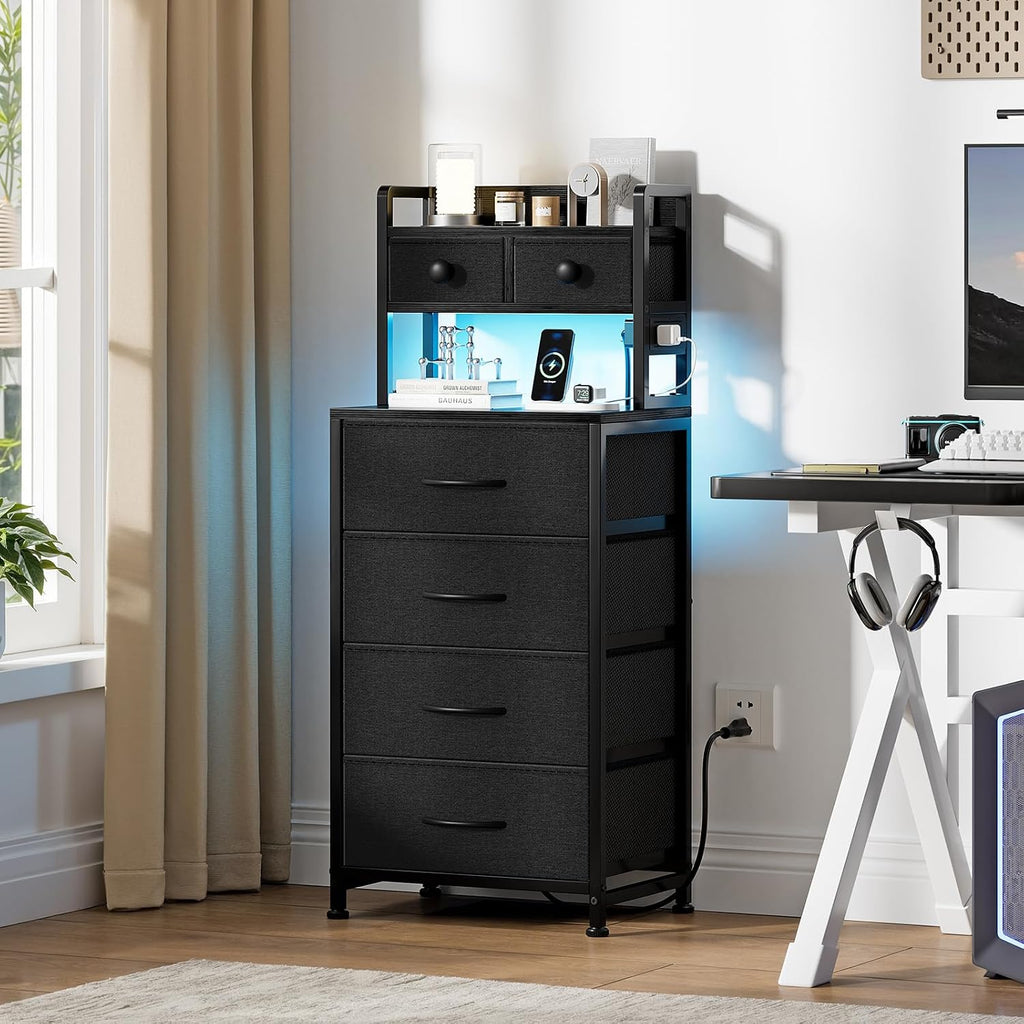 REAHOME 41 Inch LED Nightstand with Charging Station Dark Gray