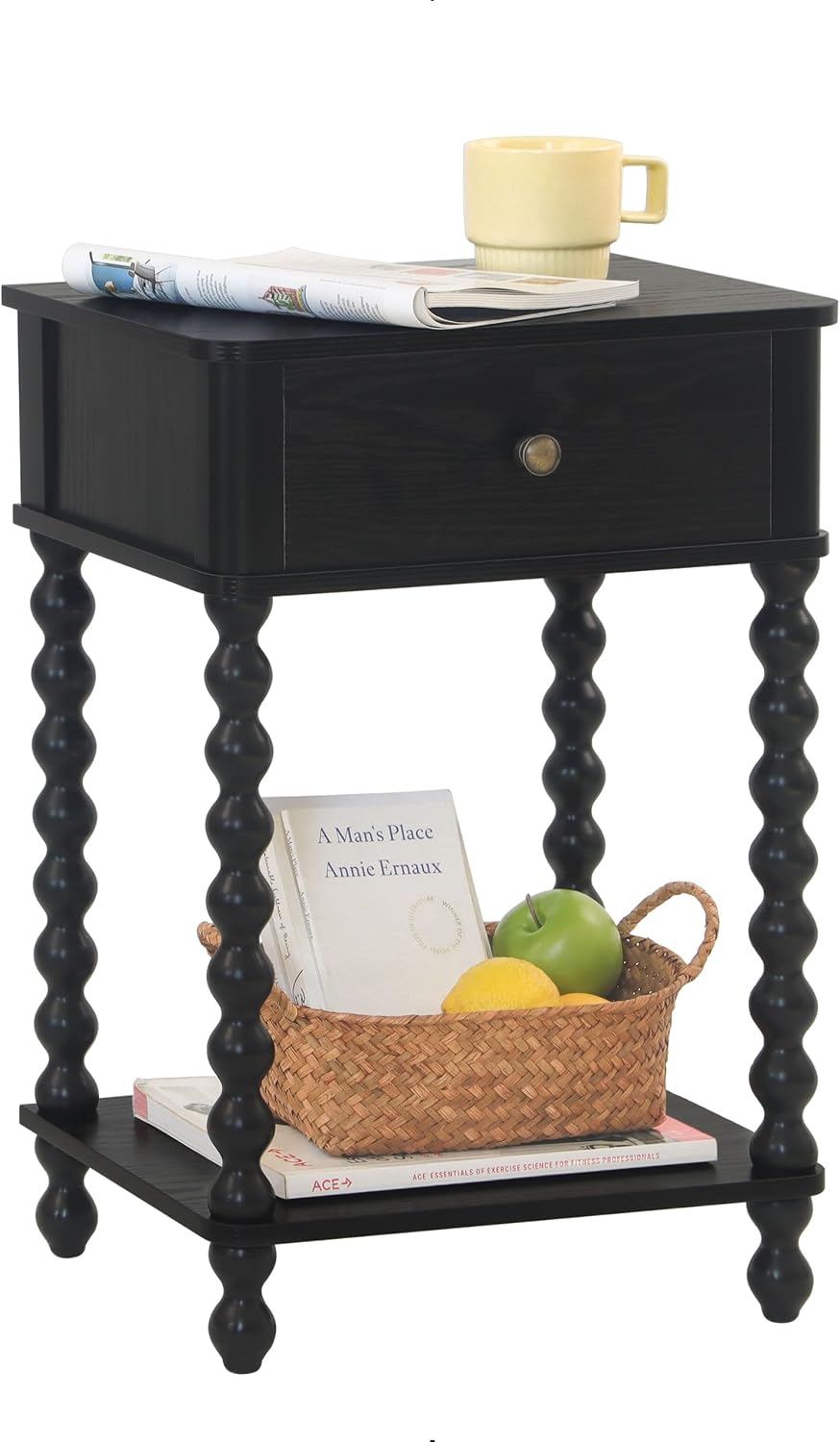 AWASEN Black Nightstand, Bedroom Side Table with Drawer for Living Room, Small Bedside End Table with Spindle Wood Legs for Bedroom, Office, Black