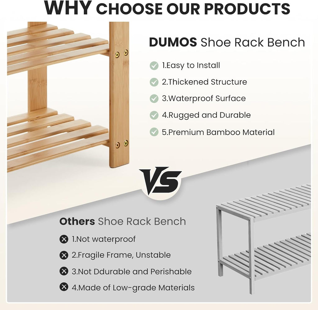 DUMOS Shoe Rack Bench with Storage, 3-Tier Bamboo Entryway Benches, Wooden Shoe Rack Holds Up to 286 lb Storage Organizer, Suitable for Bedroom Living Room Balcony, Classical Wood