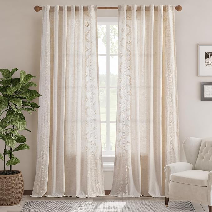 jinchan Belrose Linen Curtains for Bedroom Floral Curtains 96 Inch Length Linen - Image 2
