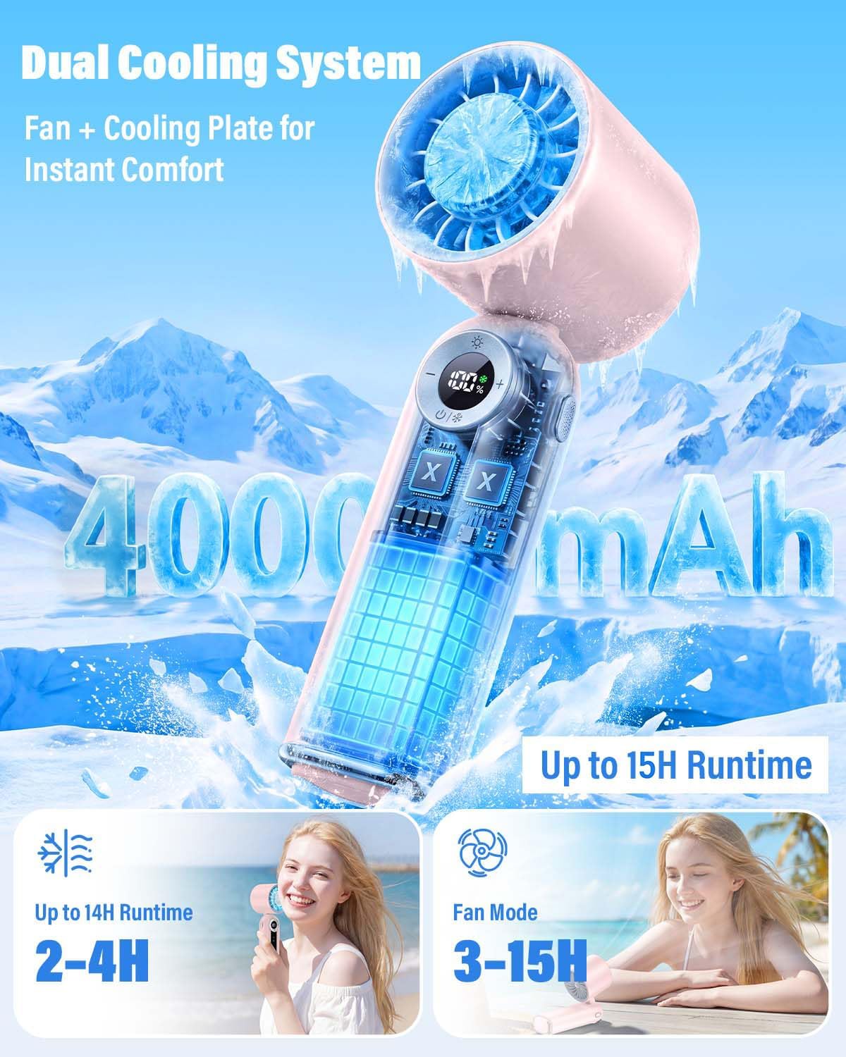 Portable Handheld Fan with Cooling Plate, 199 Speed Settings, High-Speed Personal Mini Fan up to 20000 RPM, USB-C Rechargeable, Wearable for Travel, Outdoor, Office, Home (Pink)