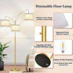 Nintiue Dimmable Floor Lamp - 3 Lights Gold Arc Floor Lamps for Living Room, 1000LM Modern Tall Standing Lamp with White Shades, Mid Century Tree Floor Lamp for Bedroom Office, 3 LED Bulbs Included