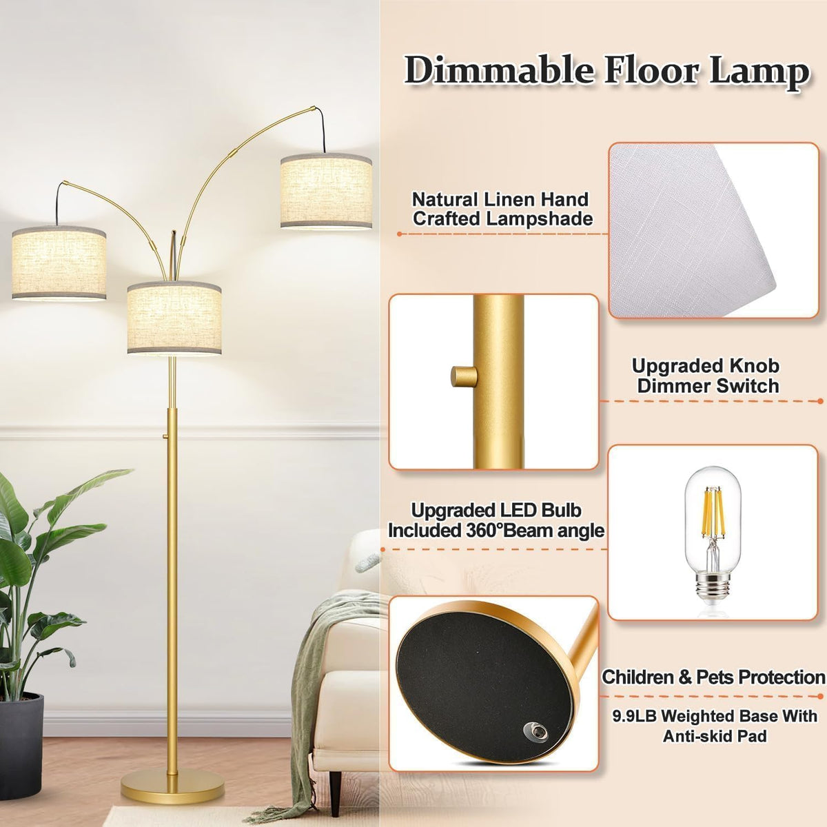Nintiue Dimmable Floor Lamp - 3 Lights Gold Arc Floor Lamps for Living Room, 1000LM Modern Tall Standing Lamp with White Shades, Mid Century Tree Floor Lamp for Bedroom Office, 3 LED Bulbs Included
