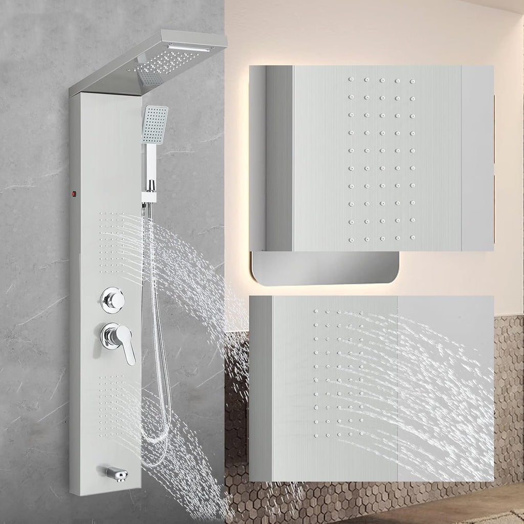 Shower Panel Wall Mount Shower Tower with Body Shower Jets LED Shower Head Rainfall Shower Panels System Stainless Steel Shower Faucet Set, Brushed Nickel