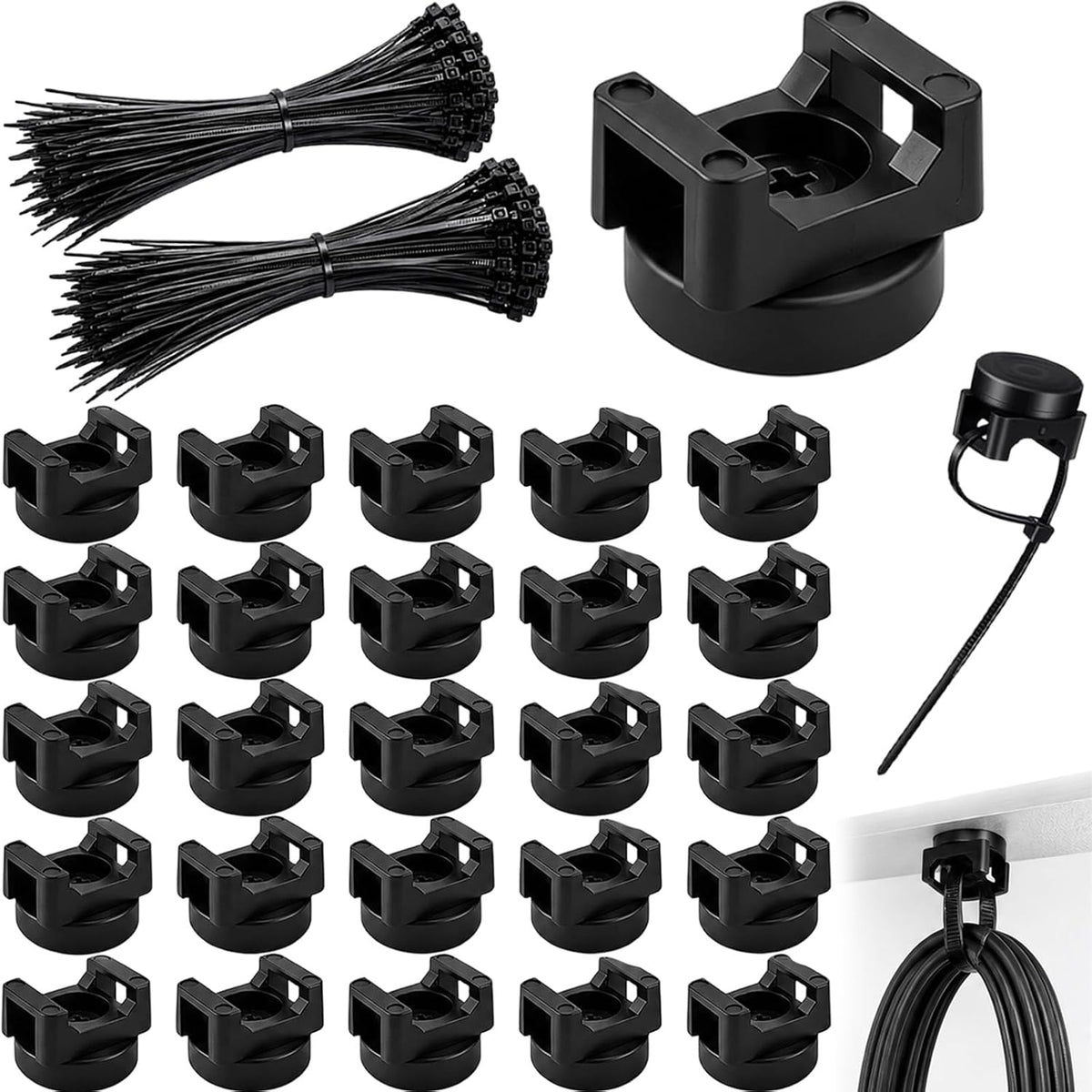 225 PCS Magnetic Cable Ties Set, 22mm Magnetic Zip Tie Mount with 200Pcs Cable Ties, 25 Magnetic Cable Holders & 200 Zip Ties for Cables, Wires, Cords, Hoses