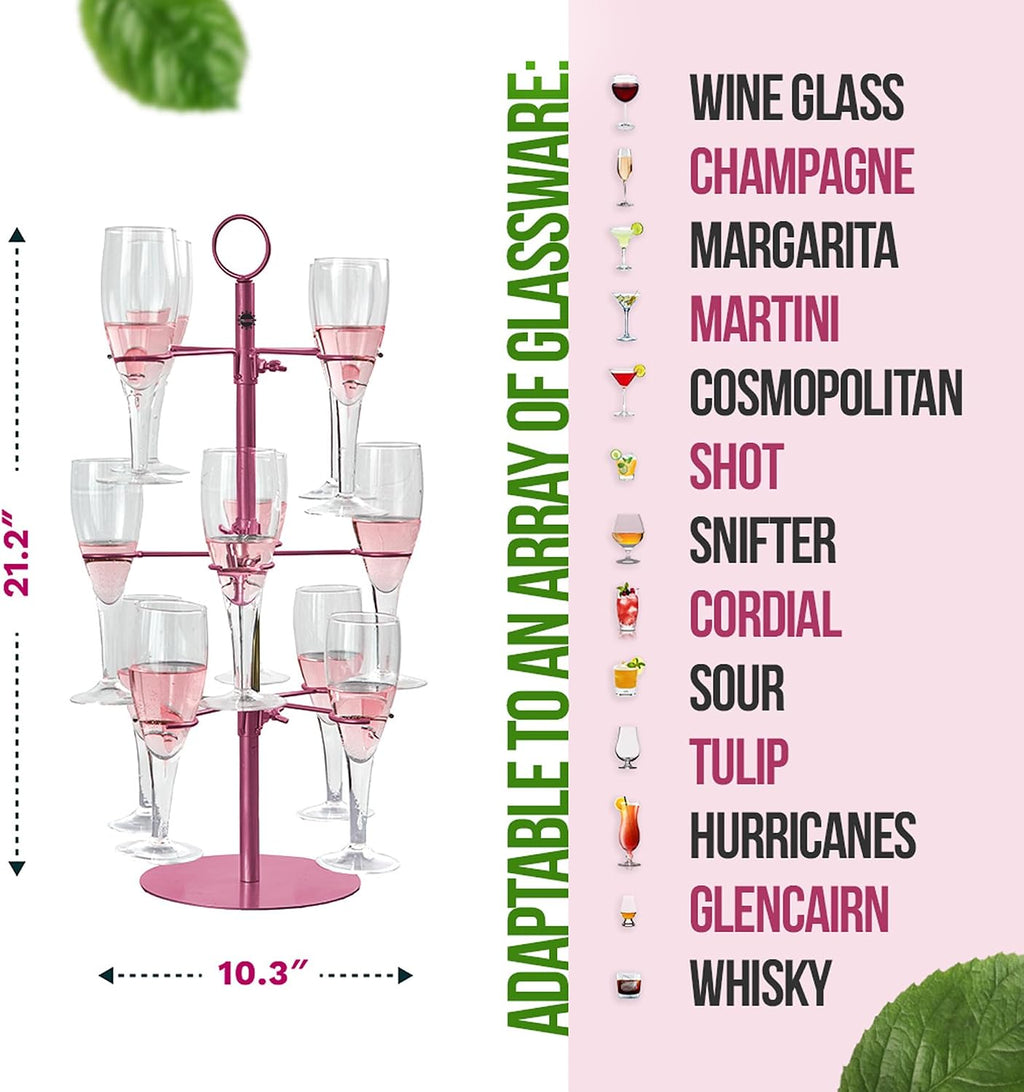 Cocktail Tree Stand, Metal Drink Champagne Tower, 3 Tier - 12 Holders For Mimosa Bar, Martini, Wine, Margarita Glass Cups (Pink)