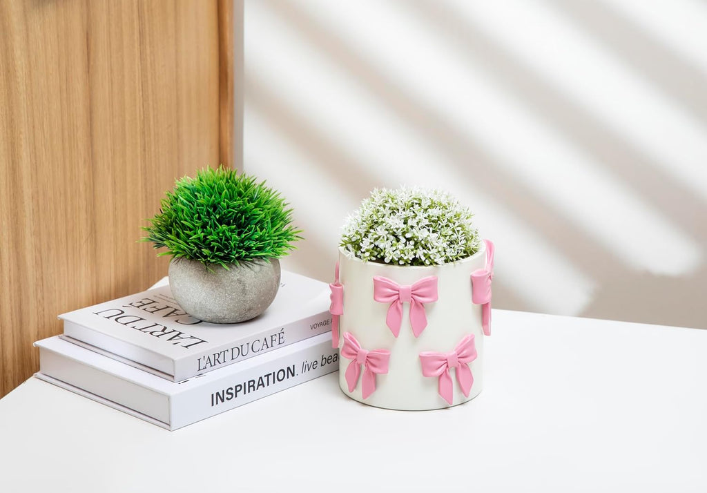 Stylor Pink Bow Planter - Coquette Bow Room Decor for Teen Girls, Decorative Cute Flower Pot with Drainage Hole, Resin Planters for Indoor Plants, Girly Gardening Pot for Home Aesthetic