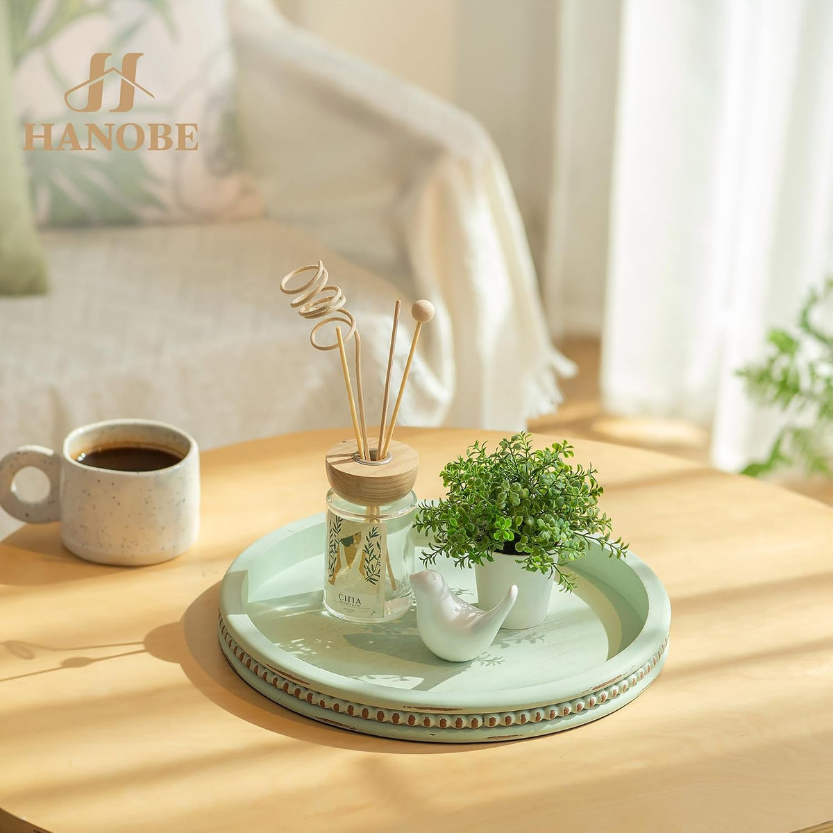 Hanobe Sage Green Decor Tray, Beaded Edge & Distressed Finish