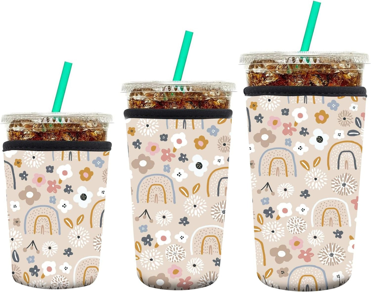 3 Pack Reusable Neoprene Insulator Sleeve for Iced Coffee Cups, Funny Coffee Cup Sleeves for 16-32oz Coffee cups, Cute Drink Sleeve for Cold Hot Beverages Boho Rainbow