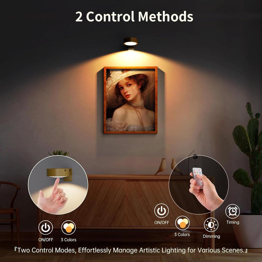 3 Pack Picture Lights for Wall, Rechargeable Battery Operated wall lights, Picture Frame lights with 3 Lighting Modes, Wireless Magnetic Painting Light with Remote Control Timer (Golden, 3 Pack)
