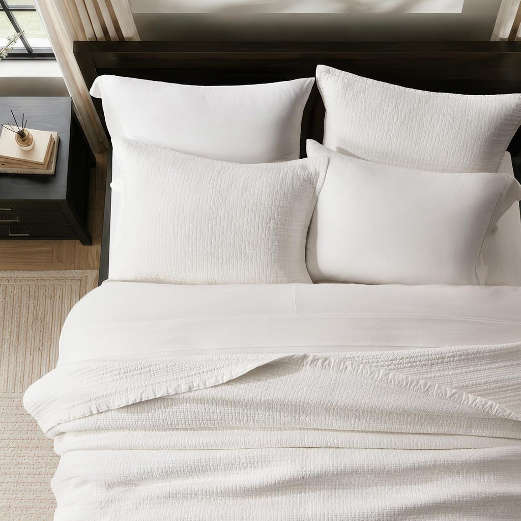 EverGrace Stonewashed Textured Cotton Quilt Set, King Size, Ivory White