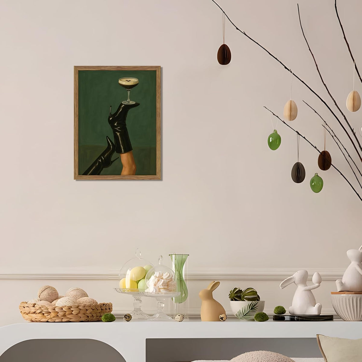 Framed Vintage Cocktail Wall Art, Espresso Martini on Black Boots Canvas Print, Feminine Moody Cocktail Picture Poster, Bar Cart Wall Decor Painting Art for Bedroom Living Room 12x16 inch