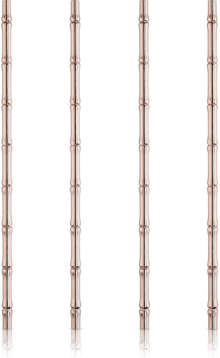 Viski Stainless Steel Cocktail Straws - Reusable Copper Bamboo Tiki Straws- Eco-Friendly Bamboo Finish Metal Drinking Sipper 9.5 Inch, Set of 4