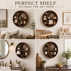 Wooden Crescent Moon Shelf Wall Decor — Aesthetic Floating Crystal Display Holder & Hanging Organizer for Bedroom, Dorm & Spiritual Room Decor | 14"x14"x3.5" | (Sun Cutout - Brown)