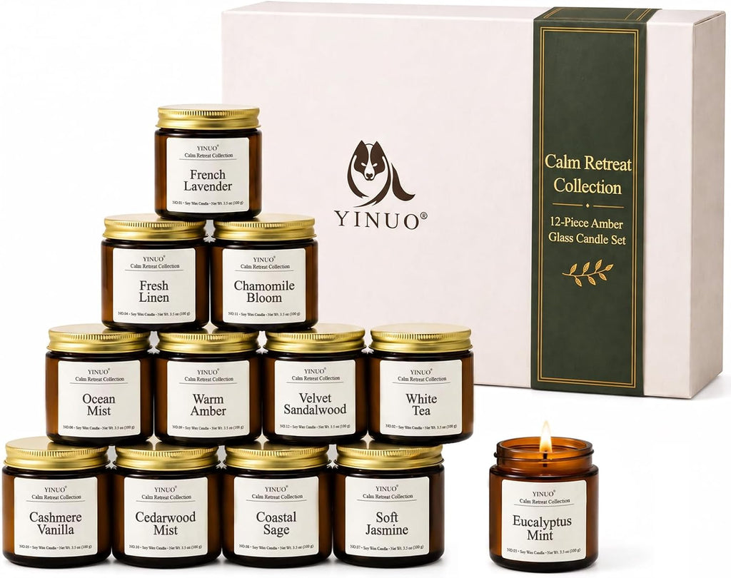 YINUO LIGHT 12 Scented Candles Gift Set, Soy Wax, Amber Glass, 3.5 oz