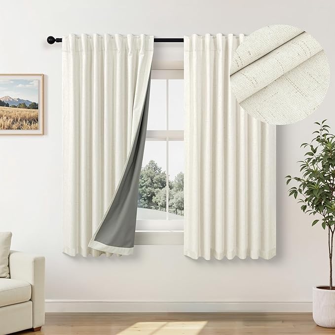 Short Blackout Curtains for Bedroom 45 Inch Length 2 Panels Faux Linen Cream by Pitalk