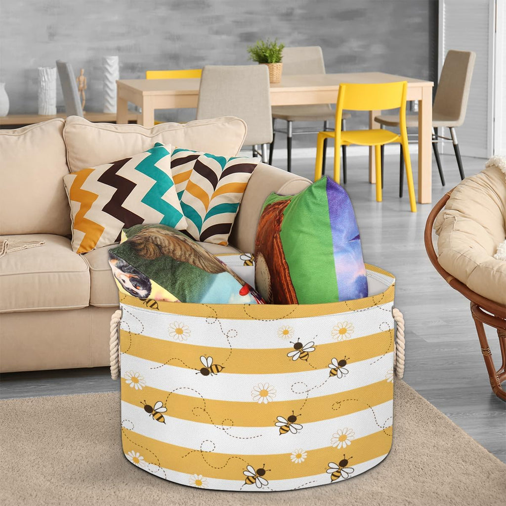 Animal Cute Bee Large Storage Basket Honeycomb Bee Round Laundry Basket with Handle Organization Collapsible Storage Bins Box Hamper for Kids Toy Clothes Nursery Bedroom Living Room Decor