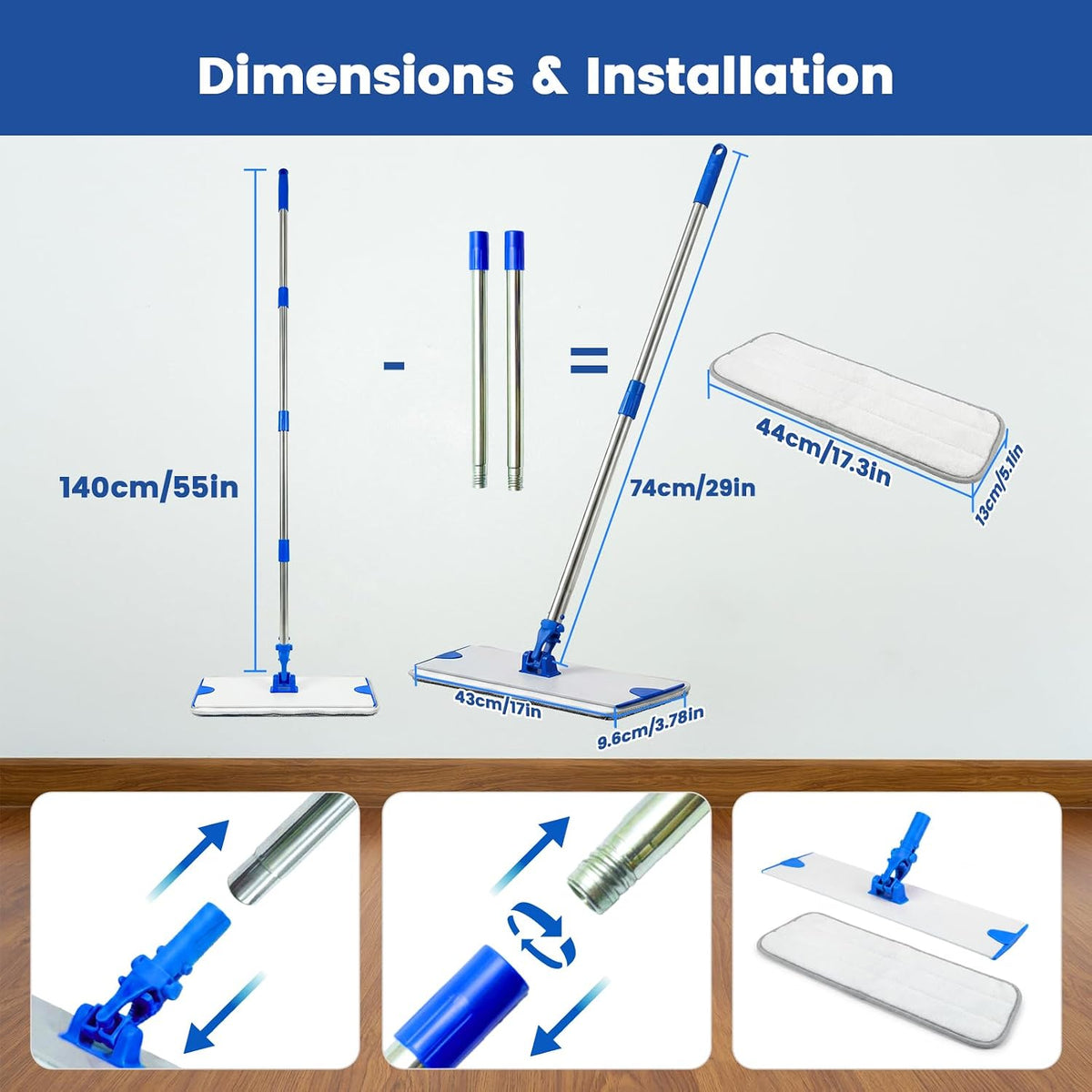 18 in Microfiber Flat Mop Cleaning System, Floor Mops with Stainless Steel Handle, Tangle-Free Mop Head, 4 Reusable Washable Dust Pads, Wet Mopping for Hardwood Tile Laminate
