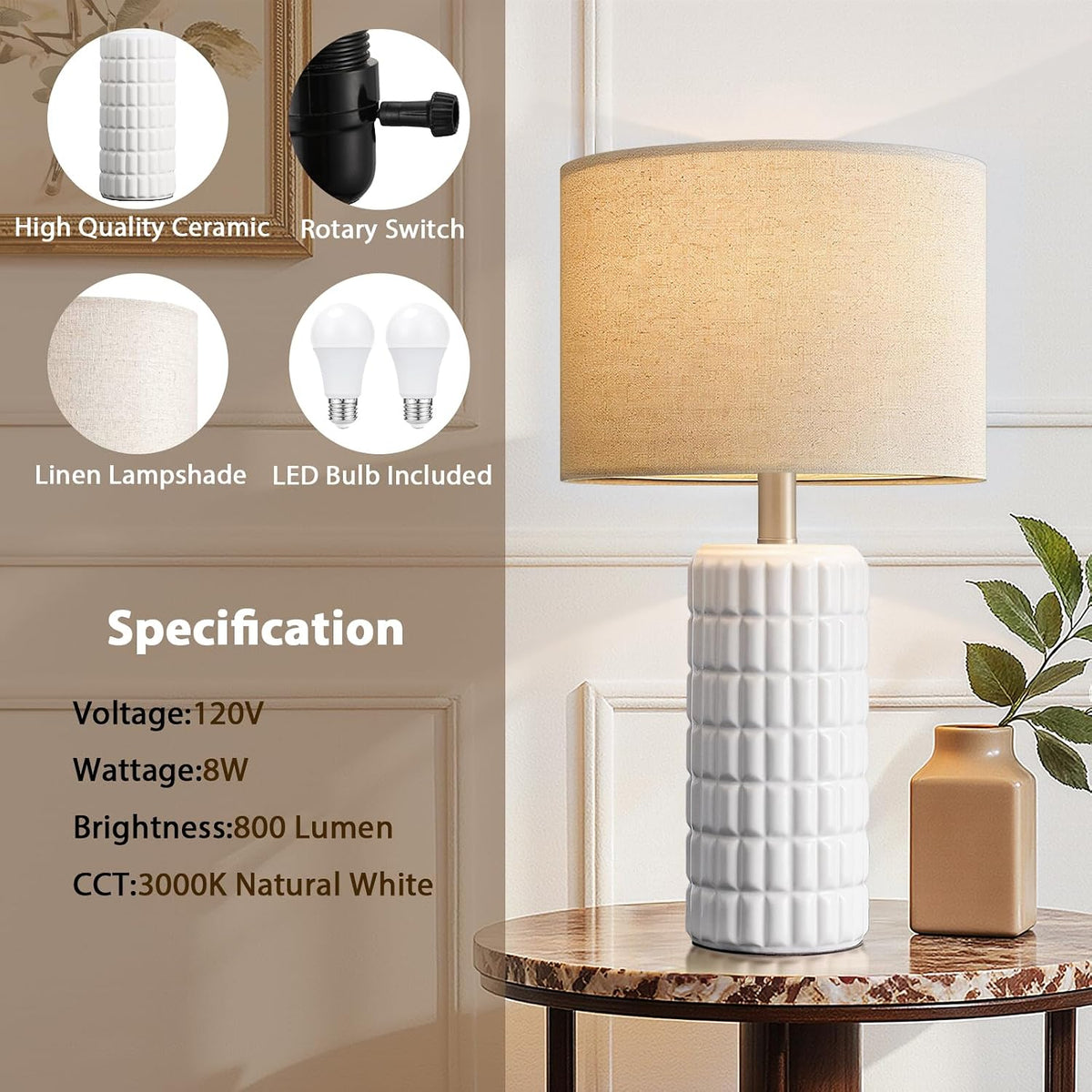 Seealle 23" Ceramic Table Lamps Set of 2, Lamps for Bedroom, Light White
