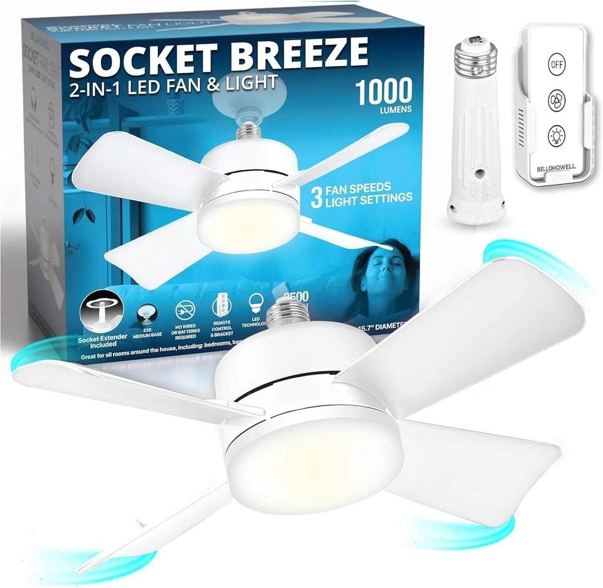 Bell+Howell Socket Breeze Light 5-Speed Deluxe LED – Ceiling Fans with Lights and Remote Control – For Bedroom, Kitchen, Living Room,1000 Lumens / 5000 Kelvins As Seen On TV