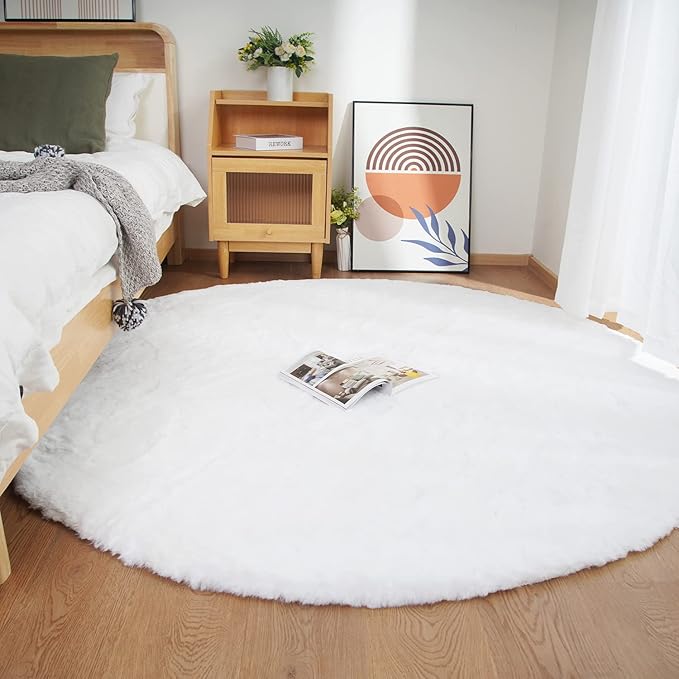 Ghouse Faux Rabbit Fur Round Rug 4ft White Round Rugs - Image 2
