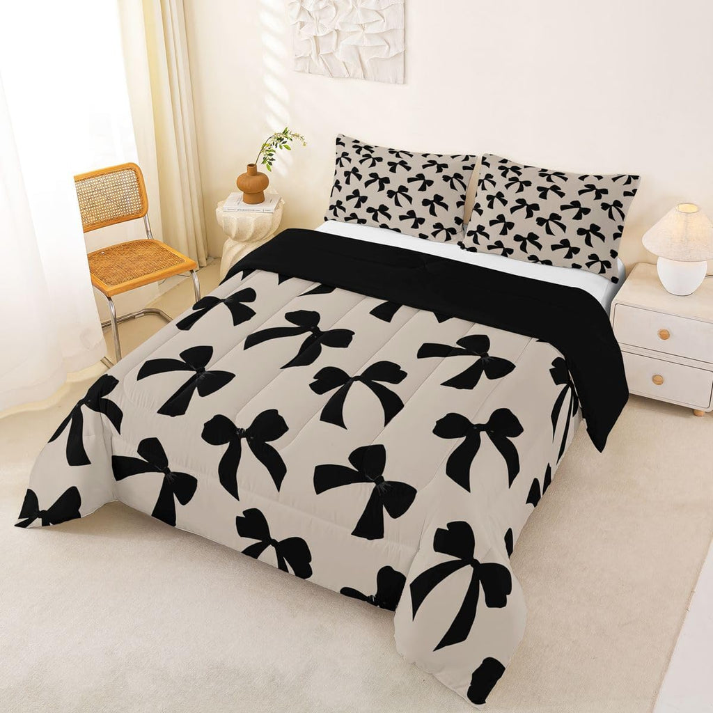 Feelyou Bow Comforter Set Toddler Size Elegant Bedding Set for Kids Boys Girls Kawaii Bow Duvet Quilt Black Bedroom Decor 2 Pcs with 1 Pillow Cases