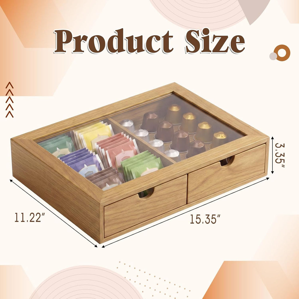 Wooden Coffee Pods Organizer Storage Box with Acrylic Lid, Natural